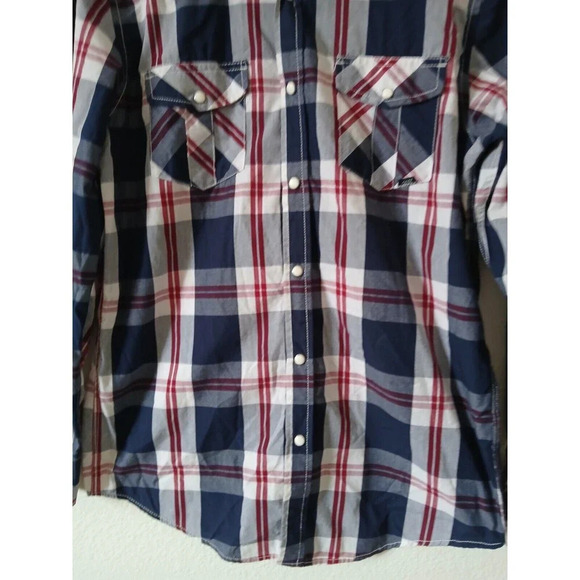 Coastal Shirt Men's Medium Blue Red Plaid Western Cowboy Tab Roll Sleeves Snap - Picture 4 of 16